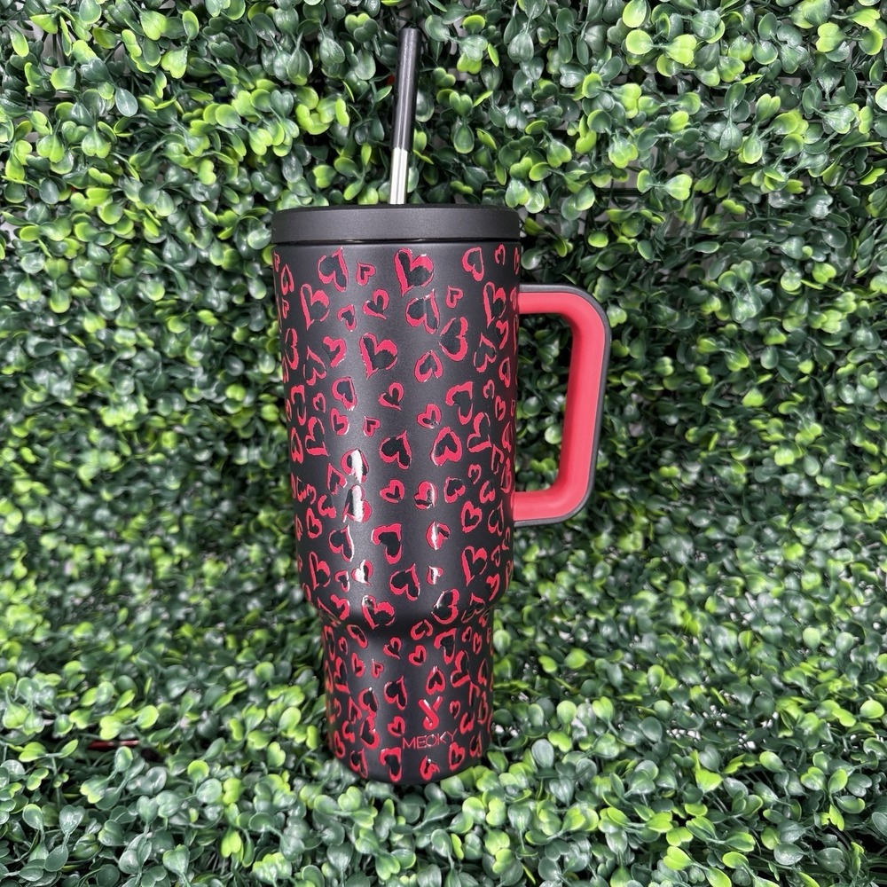 Meoky 40 oz Tumbler Black Hearts Stainless Steel Straw Waterbottle Handle